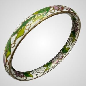 Vintage White Cloisonne Bracelet Enamel Green Pink Flowers Clouds Size 8